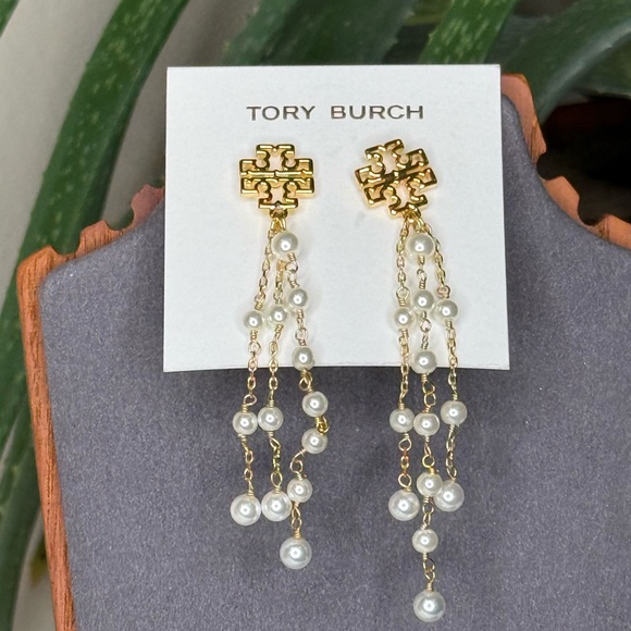 Tory Burch Gold Logo Pearl Tassel Drop Earrings | Statement Dangle - Picture 2 of 12